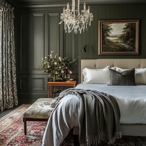 Modern & Moody: 27 Dark Green Bedroom Inspirations Dark Green And Grey Bedroom Ideas, Primary Bedroom Dark Walls, Dark And Moody Green Bedroom, Dark Wall And Ceiling Bedroom, Dark Moody Primary Bedroom, Traditional Moody Bedroom, Elegant Moody Bedroom, Dark Green Bedroom Color Palette, Dark Transitional Bedroom