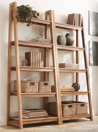 Latter Book Shelf, Cute House Things, Bookshelves Freestanding, Free Standing Bookshelves, Angled Bookshelf, Angled Bookcase, A Frame Bookshelf, Diy Ladder Shelf, Freestanding Bookshelf