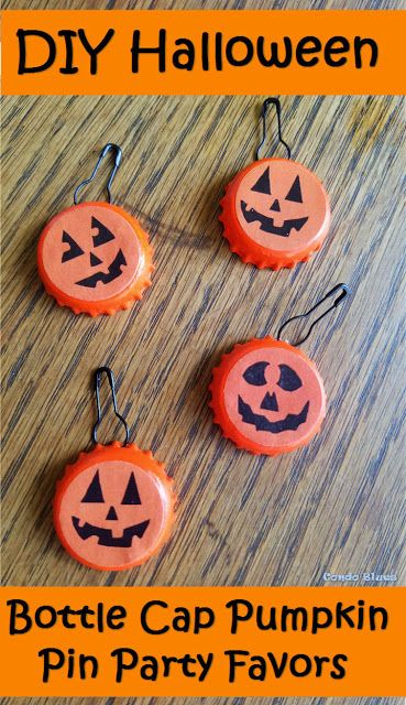 How to make bottle cap Halloween pumpkin pin party favors Halloween Craftsforkids, Bottle Cap Pins, Halloween Party Craft, Gs Swaps, Teal Pumpkin Project, Scout Swaps, Orange Craft, Pumpkin Pin, Teal Pumpkin