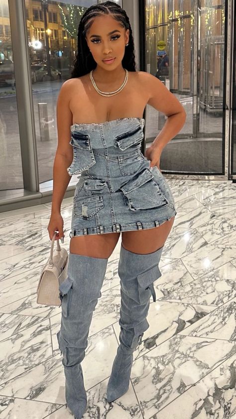 Denim Outfit Black Women Party, Dresses Dinner Date, Denim Dress Women, Baddie Outfit Birthday, Cute Dresses For Black Women, Luxury Club Outfit, Bday Dresses For Women Classy, Denim Outfit Ideas Black Women, Denim One Piece Outfit