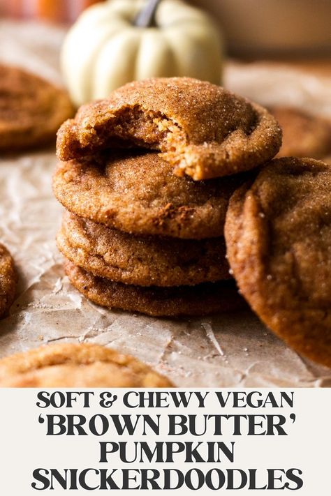 These pillowy soft 'brown butter' pumpkin snickerdoodle are a dream- and you'll never believe they're entirely dairy free and made without eggs (so vegan!). With chewy edges and a soft, melt-in-your-mouth middle, these pumpkin snickerdoodle cookies have the perfect tang to sweetness ratio- and are downright irresistible after one bite, so you've been warned! Dairy Free Gluten Free Pumpkin Cookies, Pumpkin Snickerdoodle Cookie Recipe, Pumpkin Snickerdoodle Cookies, Vegan Dessert Bars, Vegan Pumpkin Cookies, Easy Vegan Cookies, Vegan Gluten Free Cookies, Vegan Christmas Cookies, Pumpkin Snickerdoodles