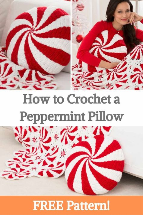 If you've practiced enough this year and want to try something different, this project is for you! The Crochet Peppermint Pillow is an intermediate-level project and beautiful addition to your home decor this Christmas. This pillow belongs as a set for the peppermint throw. It is created in a similar way to the way the motifs are made on the blanket, with a big difference between them. The Peppermint pillow is a 1-piece unit that starts in the middle and grows outward. When it reaches the... Peppermint Pillow, Crochet Peppermint, Crochet Cushion Covers, Crochet Pillow Patterns Free, Candy Pillows, Crochet Cushion Pattern, Crochet Cushion, Confection Au Crochet, Crochet Xmas