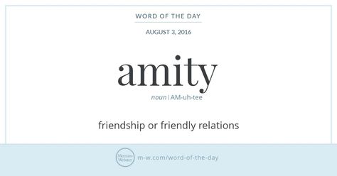 Amity has been used in English to describe friendship or friendliness for well over 500 years. It is derived from the Latin word for 'friend,'… Words With Deep Meaning Friends, Unique Words For Friendship, Describe Friendship, Rare English Words, Thesaurus Words, Yiddish Words, Friendship Words, Describe Feelings, Word Quotes