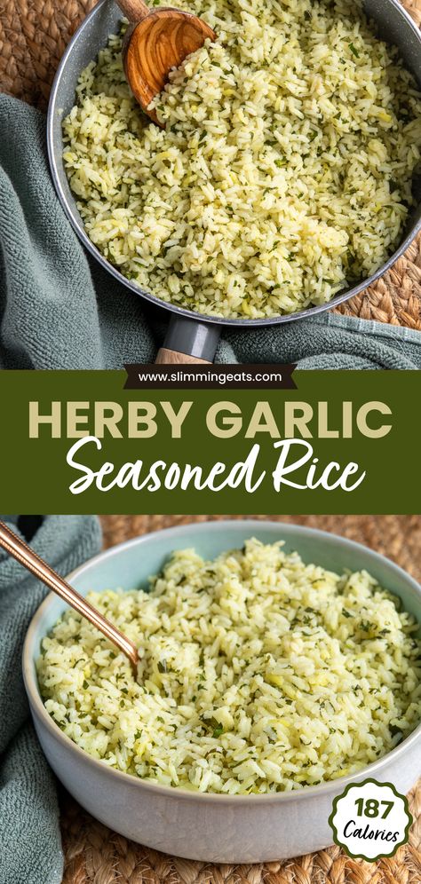 This Herby Garlic Seasoned Rice, infused with fragrant coriander and parsley, contributes a deliciously light and fluffy element to your meal. Quick to prepare in under 30 minutes, it serves as the ideal accompaniment to a variety of main courses, enhancing their flavours with its aromatic profile. Healthiest Diet, Best Rice Recipe, Rice Side Dish Recipes, Seasoned Rice Recipes, Garlic Rice, Savory Rice, Healthy Rice, Rice Cooker Recipes, Rice Side