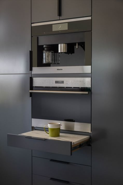 Built-in coffee maker and coffee station Miele Kitchen Design, Modern Coffee Station, Built In Microwave Cabinet, Kitchen Microwave Cabinet, Marble Drawer, Built In Coffee Bar, Modern Treehouse, Miele Kitchen, Built In Microwave Oven