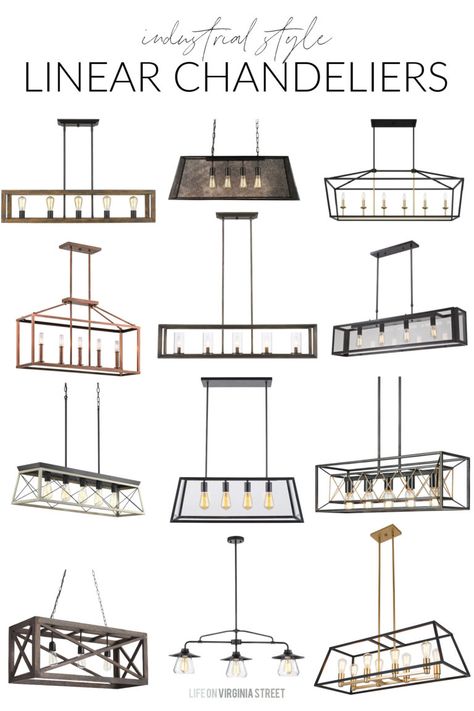 A collection of industrial linear chandeliers that are perfect for the modern farmhouse and industrial decor styles! Multiple Pendant Light Fixture, Modern Farmhouse Dining Chandelier, Modern Farmhouse Dining Room Chandelier, Farmhouse Kitchen Chandelier, Farmhouse Chandelier Dining Rooms, Linear Chandeliers, Industrial Farmhouse Lighting, Modern Farmhouse Light Fixtures, Farmhouse Lighting Dining