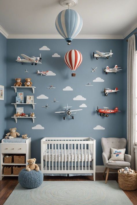 Baby Boy Bedroom Wallpaper, Light Blue Baby Room, Baby Boy Room Inspiration, Nursery Themes Colorful, Baby Boy Airplane Nursery, Baby Room Boy Ideas, Blue Nursery Colors, Newborn Room Ideas Boy, Cool Boy Nursery