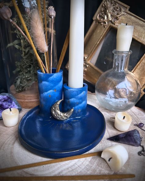 Happy Saturday!✨ Looks like it’s going to be the perfect gardening weather today!!!! With that said, I was thinking about this Moon Incense Candle Holder….should I make a Sun version?!🤔 What would that look like? What colour would it be?! *starts scribbling frantically in sketch book* The Moon Incense Holder available now👇🏼 Blackstarclaydesigns.etsy.com Aesthetic Incense, Moon Incense Holder, Meditation Alter, Moon Incense, Third Eye Awakening, Weather Today, Witchy Decor, Celestial Art, Incense Holders