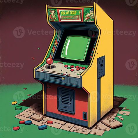 Arcade Game Illustration, Arcade Machine Drawing, Arcade Machine Illustration, Arcade Reference, Machine Illustration, Retro Arcade Machine, English Projects, Props Concept, Arcade Game Room