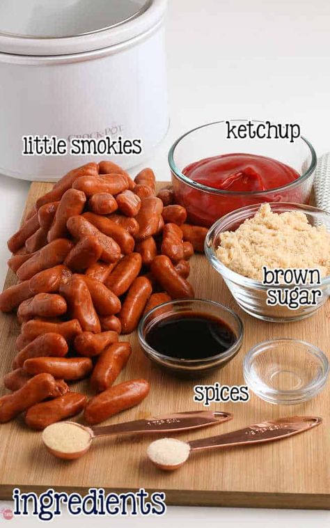 Barbeque Weenies Crockpot, Mini Weenie Recipes, Mini Cocktail Sausages, Mini Smoked Sausage Recipes Lil Smokies, Little Bbq Smokies Crock Pot, Slow Cooker Mini Weenies, Mini Sausages In Crockpot Cocktail Wieners, Bbq Winnie Crockpot, Small Sausages In Crock Pot