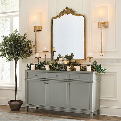 Buffet Credenza Sideboard, Dining Room With Sconces, Foyer Sconces Entryway, Buffet With Sconces, Sage Green And Gold Home Decor, Entryway With Sconces, Over Buffet Wall Decor, Dining Room Sconces Wall Decor, Dining Room Buffet Decor Traditional