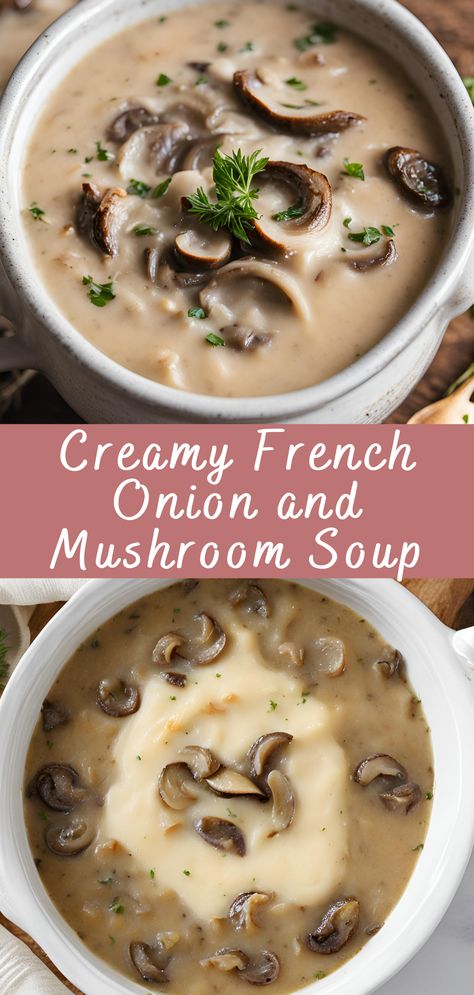 Creamy French Onion and Mushroom Soup Recipe | Cheff Recipes Creamy French Onion Mushroom Soup, Small Batch Mushroom Soup, Mushroom And Onion Soup Recipes, Nyt French Onion Soup, French Onion Mushrooms, Mellow Mushroom Mushroom Soup, German Onion Soup, Mushroom Bisque Soup Recipes, Light Mushroom Soup