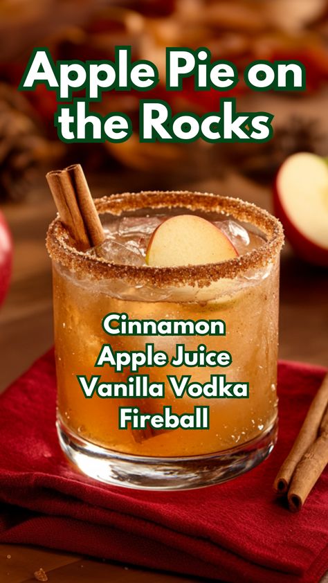 The Apple Pie on the Rocks is a cozy and comforting cocktail that perfectly captures the flavors of a classic apple pie in a glass. With the warmth of vanilla vodka, the spicy kick of Fireball whiskey, and the sweetness of organic apple juice, this drink is a delightful blend of fall flavors. A sugared rim and a cinnamon stick garnish make it the perfect treat for chilly evenings or festive gatherings.  #applepieontherockscocktail #applejuicecocktails #fallcocktails via @mybartender Apple Pie Cocktail Fireball, Apple Pie On The Rocks Cocktail, Apple Pie On The Rocks, Easy Mixed Drink Recipes, Apple Pie Alcohol Recipe, Fall Drinks With Apple Juice, Festive Fall Drinks Alcohol, Apple Pie Shots With Vodka, Fall Alcohol Drink Recipes