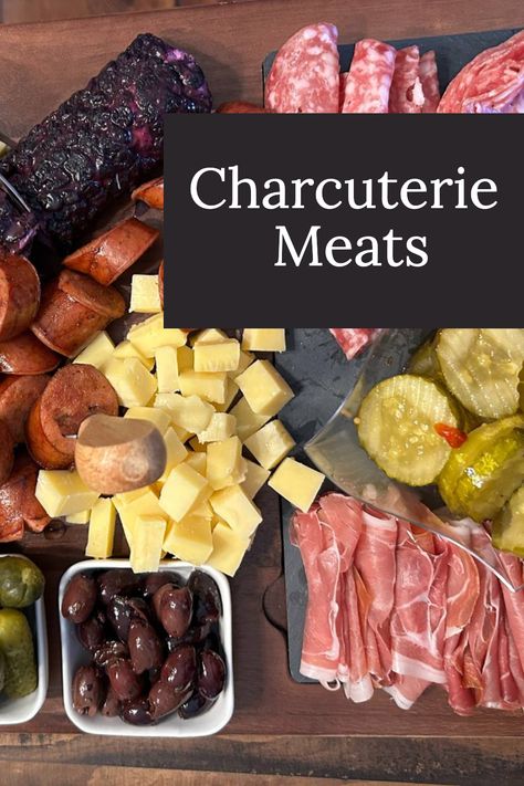 Best Meats And Cheeses For Charcuterie, Mustard For Charcuterie, Charcuterie Board Combinations, Best Meats For Charcuterie Board, Charcuterie Meats List, Charcuterie Board Meats Ideas, Charcuterie Boards Dips, How To Cut Cheese For Charcuterie Board, Meat For Charcuterie Board