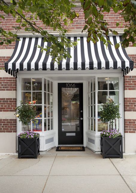 Striped Awning, Front Door Planters, Door Planter, Café Design, 카페 인테리어 디자인, Bakery Design, Planter Ideas, Shop Fronts, Shop Front Design