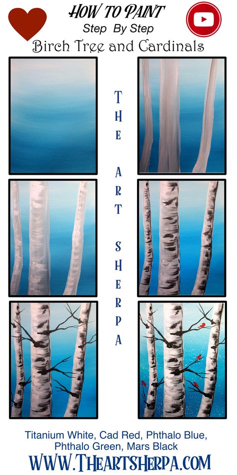 Paint Birch Trees, Winter Birch Trees, The Art Sherpa, Winter Birds, Canvas Diy, Canvas Painting Tutorials, Acrylic Painting For Beginners, Canvas Painting Diy, Birch Trees