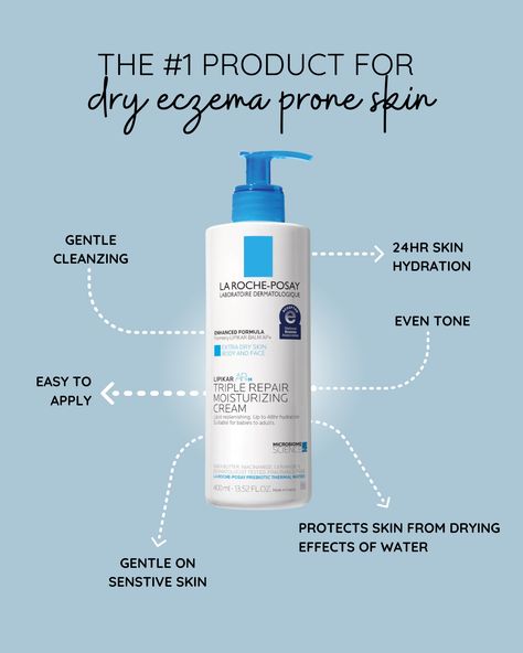 This is a graphic including the benefits of using La Roche Posay's Triple Repair Moisturizing Cream. Its gentle on skin, protects your skin from drying effects of water, is easy to apply, gentle on sensitive skin, and provides 24 hour hydration Moisturizing Cream Face, Body Lotion For Dry Skin, Patchy Skin, Skincare Guide, Hyaluronic Acid Moisturizer, Home Remedies For Skin, Skin Care Basics, Better Lifestyle, Face Skin Care Routine