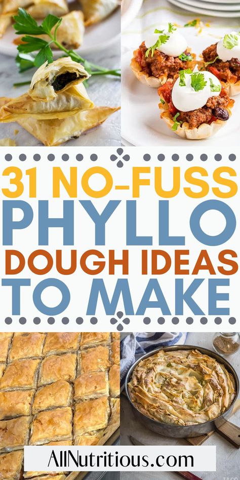 Want to know how to use phyllo pastry? Here are some yummy food ideas for meals to make with phyllo dough. From easy dinner recipes to delicious desserts, this is a versatile ingredient that you can use to pull together so many dishes. Phyllo Dough Appetizers Simple, Phyllo Dough Hand Pies, Dinner Recipes With Phyllo Dough, Meals With Phyllo Dough, Phyllo Dough Recipes Videos, What To Make With Filo Pastry, Desserts With Phyllo Pastry, Appetizer Recipes With Phyllo Dough, Cafe Savoury Food