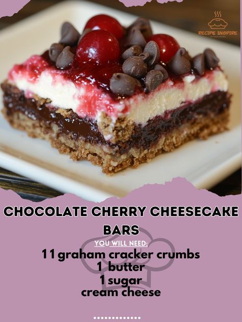 Craving a decadent treat? Dive into these luscious Chocolate Cherry Cheesecake Bars! 🍫🍒 Chocolate Cherry Cheesecake Bars Ingredients: - 1 1/2 cups graham cracker crumbs - 1/3 cup melted butter - 1/4 cup sugar - 8 oz cream cheese, softened - 1/2 cup sugar - 1 tsp vanilla extract - 1 egg - 1/2 cup cherry pie filling - 1/2 cup chocolate chips Instructions: 1. Mix graham cracker crumbs, melted butter, and sugar. Press into a baking pan. 2. Beat cream cheese, sugar, vanilla, and egg until smooth. ... Cherry Cheesecake Bars, Chocolate Cherry Cheesecake, Chocolate Raspberry Cheesecake, Bars Chocolate, Brownies Cookies, Cherry Cheesecake, Cherry Pie Filling, Cheesecake Bars, Brownie Cookies