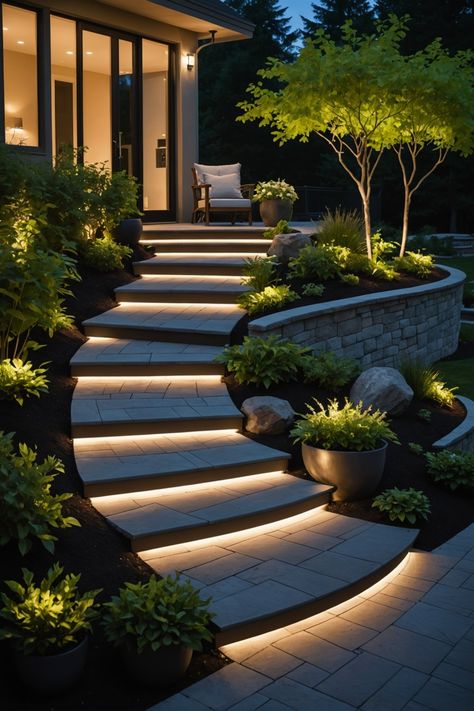 Outdoor Steps Lighting Ideas, Outdoor Front Yard Lighting Ideas, Lights For Steps Outdoor, Outdoor Steps Design, Solar Step Lights Outdoor, Modern House Lighting Outdoor, Step House Design, Paved Garden Ideas Backyard Designs, Floating Steps Outdoor