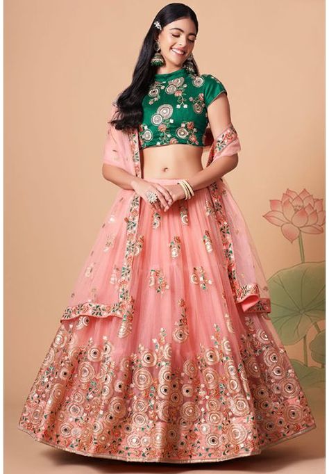 Coral Pink Embroidered Net Lehenga Choli - ZC2101 New Lehenga Choli, Bride Lehenga, Peach Lehenga, New Lehenga, Engagement Lehenga, Bridal Lehenga Online, Indian Wedding Lehenga, Mirror Work Lehenga, Silk Lehenga Choli