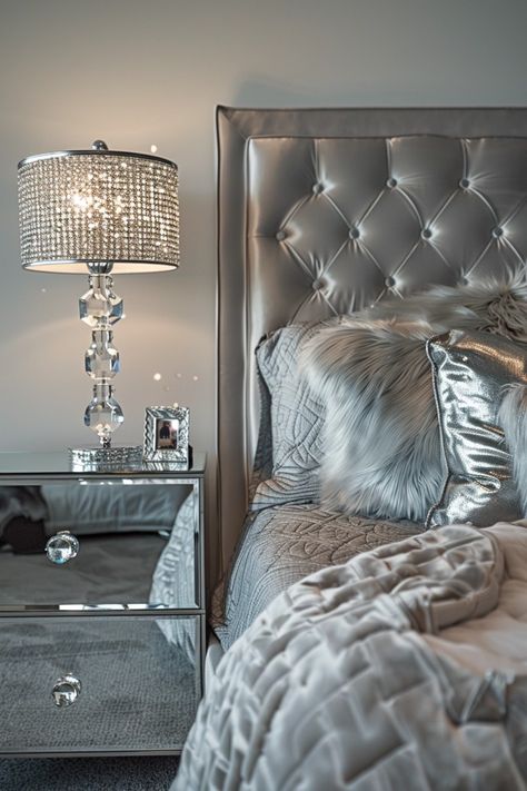 Stylish Glam Bedroom: Silver Accents Silver Headboard Bedroom, Master Bedrooms Glam, Luxurious Bedrooms Master Modern 2024, Elegant Vanity Ideas Bedroom, Z Gallerie Bedroom, Gray Glam Bedroom, Silver Room Decor Bedroom, Glam Bedroom Decor Grey, Black White And Silver Bedroom