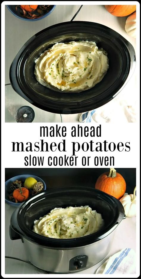 Make-Ahead Slow Cooker or Oven Mashed Potatoes - Frugal Hausfrau Mashed Potatoes In Crockpot, Oven Mashed Potatoes, Mashed Potatoes Slow Cooker, Potatoes In Crockpot, Potatoes Slow Cooker, Reheat Mashed Potatoes, Potato Recipes Crockpot, Cooking Mashed Potatoes, Mashed Potatoes Thanksgiving