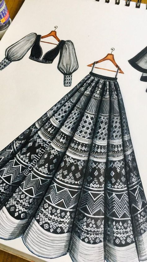 Lehenga Mandala Art, Mandala Art Dress Design, Traditional Illustrations Sketches, Mandala Dress Drawing, Indian Fashion Design Sketches, Traditional Dresses Sketch, Blouse Designs Sketch, Mandala Art Dress, Fashion Outfits Sketches