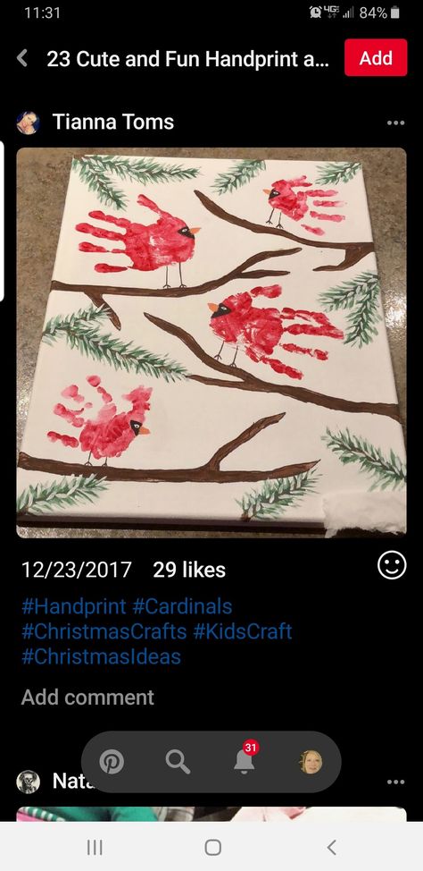 Cardinal Handprint Craft, Cardinal Art Projects For Kids, Red Bird Handprint Craft, Cardinal Handprint Craft Kids, Kids Cardinal Handprint, Hand Print Crafts For Kids, Winter Cardinal Art Project For Kids, Cardinal In Snow Painting, Baby Art Projects