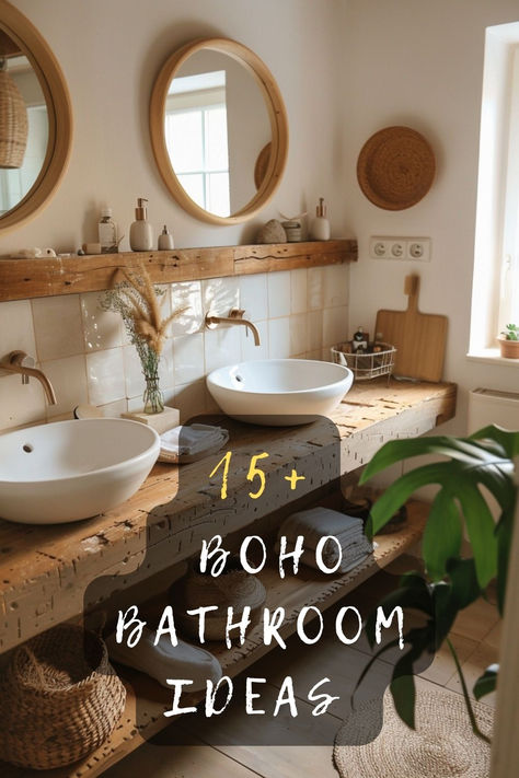 Ready to give your bathroom a boho makeover? Check out these 15 boho bathroom ideas that will help you create a cozy and eclectic space. From vibrant patterns to natural elements, click to discover more! 🌿🛁 #BohoInspo #BathroomDesign #HomeDecor #InteriorStyle #BohoChic Apothecary Bathroom Decor Ideas, Brown Boho Bathroom Ideas, Boho Primary Bathroom, Boho Witchy Bathroom, Boho Bathroom Ideas Small Vintage, Boho Chic Master Bath, Calm Bathroom Ideas Small Spaces, Boho Bathroom Lighting Over Mirror, Modern Boho Powder Room