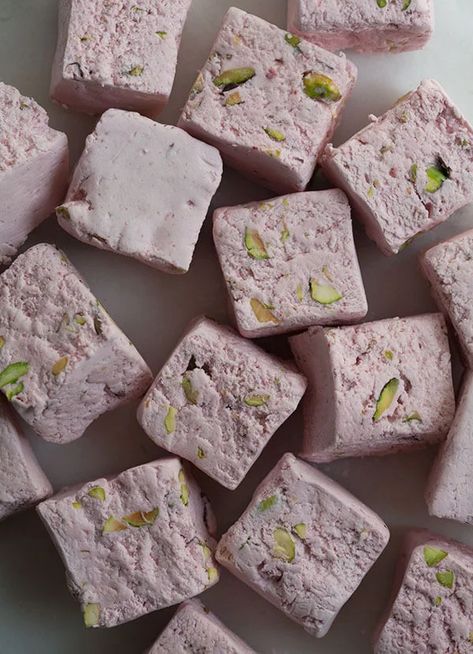 Rose Marshmallows | Homemade Candy Recipes | POPSUGAR Food Photo 19 Pistachio Nougat, Strawberry Pistachio, Fudge Caramel, Nougat Recipe, Freeze Dried Strawberries, Pink Foods, Homemade Candies, Candy Desserts, Cozy Kitchen