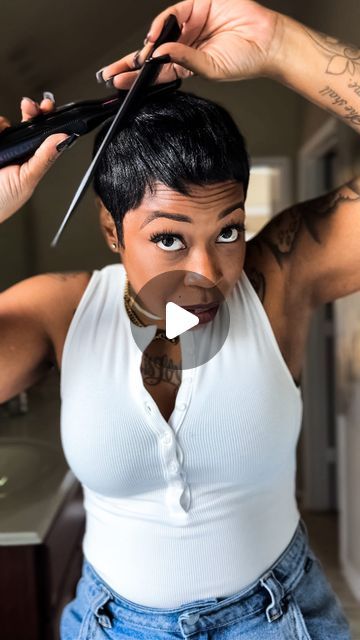 Houston Short Hairstylist on Instagram: "My Go To Hairstyle  This style is quick and easy with my pixie.   You know me. Just a West Coast girl doing what She loves. Short Hair Vibes.🫶🏾 #awestcoastgirlandshears  Click the link in my bio to schedule your next hair appointment.  Sincerely, Your Short Hair Stylist❤️  #houstonshorthair #houstonshorthairstylist #houstonshorthairstyles #houstonpixiecuts #houstonpixiestylist #houstonhaircuts #houstonhaircuts #pixiecutstyle #pixiequeen #shorthairgang #houstonhairstylist #houstonhairstylists" Super Short Black Hairstyles, Hats With Short Hair Black Women, Highlight Short Hair Pixie, Outfits For Short Hair Black Women, Silver Hair Pixie Haircut, Short Bald Hair For Black Women, How To Do Pixie Haircut, Very Very Short Hairstyles, Easy Pixie Hairstyles Simple