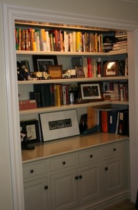 Planning on doing something very similar, but putting in a file cabinet at the bottom and knocking out the walls surrounding the closet opening completely. Closet Library, Closet Bookshelves, Converted Closet, Closet Conversion, Home Office Closet, Small Closet Space, Closet Office, Open Closet, Closet Remodel