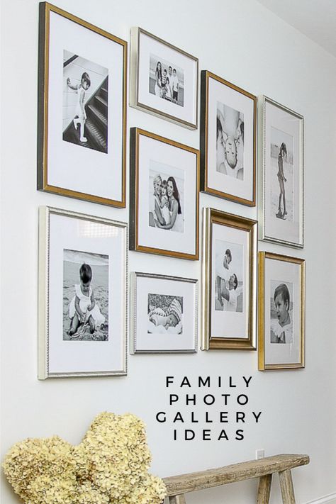 photo gallery wall with black and white family photos Photo Wall With Large Center Photo, Dining Room Decor Photo Wall, Home Decor Ideas Living Room Wall Family Photos, Accent Picture Frame Wall, Modern Gallery Wall Dining Room, Classy Gallery Wall Ideas, How To Display Family Photos On Wall Above Couch, Sepia Family Photo Wall, Frames For Family Photos