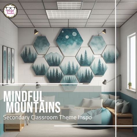 🏔 Dreaming of a serene and mindful learning environment? This calm and grounded mountain classroom theme is perfect for any middle or high school classroom.⁣ 🏔 For a truly soothing look, incorporate watercolor illustrations of majestic mountains and misty forests, a soft, cool color palette, and hand-drawn abstract patterns.⁣ 🏔 For furniture, think light wood tones, and clean lines, like Scandinavian style.⁣ 🏔 A Calm Corner with a bean bag chair or cushions, affirmation posters, and sensory i... Mountain Classroom, Calm Corner, Teachers Room, Classroom Wall Decor, Teachers Lounge, Cool Color Palette, Affirmation Posters, High School Classroom, Majestic Mountains