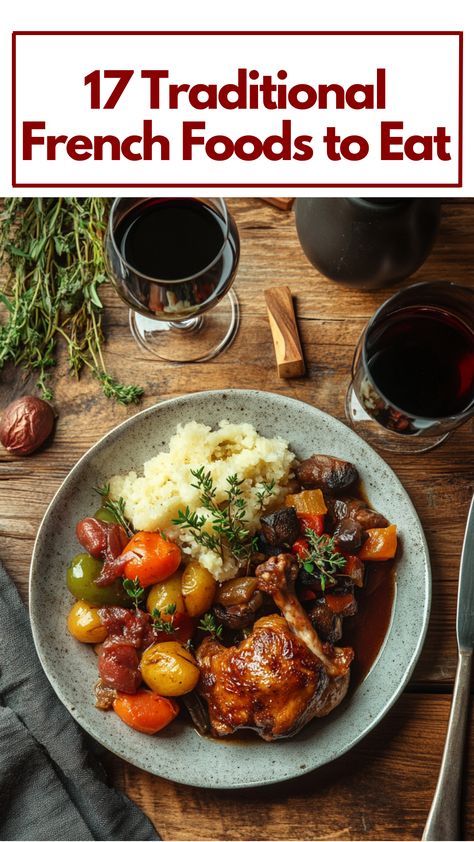 A plate of traditional French dishes, including Coq au Vin and Ratatouille, presented on a rustic dining table. Classic French Dinner Recipes, French Gourmet Recipes, Everyday French Food, Sharing Plates Food, Classic French Dishes Dinners, Typical French Dinner, French Cousine Recipes, French Dishes Classic, Easy French Cuisine Recipes