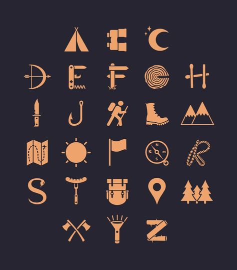 Interesting Shapes Design, Nature Fonts Alphabet, Outdoor Symbols, Unique Fonts Alphabet, Nature Fonts, Camping Alphabet, Science Alphabet, Interesting Fonts, Adventure Font