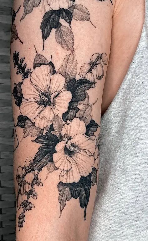 Flower Tattoos Blackwork, Flowers Around Tattoo, Best Floral Tattoos, Flower Tattoo Reference, Modern Floral Tattoo, Fineline Chrysanthemum Tattoo, Blackwork Floral Tattoo Design, Cool Tattoos Sleeve, Dainty Cover Up Tattoo