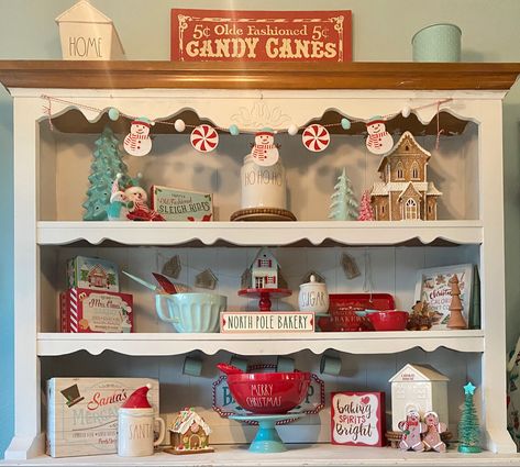 Christmas Bakery Kitchen Decor, Gingerbread Bakery Decor, Christmas Bakery Decor, Mrs Clause Bakery Decor, Aqua And Red Christmas Decor, Mrs Claus Bakery Decor, Mrs Claus Kitchen, Christmas Hutch, Mrs Claus Bakery