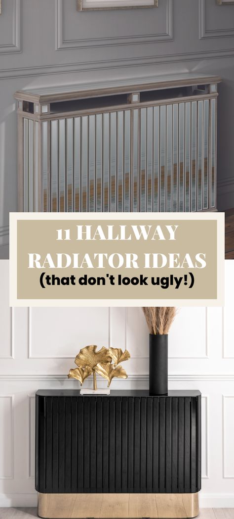 11 hallway radiator cover ideas that don't look ugly. One mirrored radiator cover, the other image is in a white panelled hallway, a stunning black radiator cover with a brass base that wraps around the bottom. Home Radiators Radiator Cover, Radiators Covers Ideas, Large Radiator Cover Ideas, Small Hallway Ideas Radiator, Heating Radiator Cover, Sofa In Front Of Radiator, Radiator Covers Hallway, Radiator Cover Under Tv, Art Deco Radiator Cover