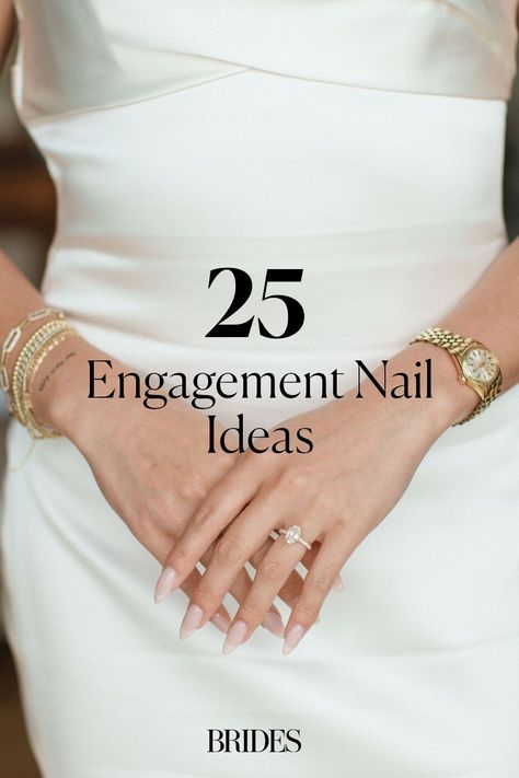 Whether you're planning engagement photos or want your new engagement ring to shine, these engagement nail ideas are perfect for you. Tap the link for engagement nail inspiration. Engagement Nails Ideas French Tip, Engagement Nails Elegant, Nail Colors For Engagement Ring, Engage Nails Ideas, Engagment Photo Hands, Short Nails Engagement Ring, Engagement Nail Inspiration, Engaged Nails Ideas, Engagement Proposal Photos Ideas