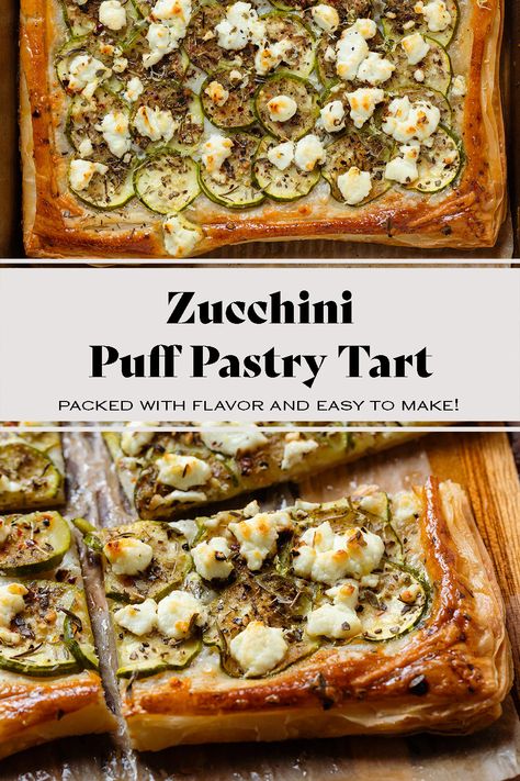 This cheesy Zucchini Puff Pastry Tart is easy to make and simple, but still fancy enough to serve as an appetizer at a party or a game night. It's garlicky, herby,  and a little spicy. Try this tart if you're looking for a new, delicious way to use up all that summer zucchini! Puff Pastry Veggie Tart, Zucchini Puff Pastry Recipes, Vegetable Puff Pastry Recipes, Puff Pastry Zucchini, Veggie Pastry, Veggie Tart, Easy Pastry Recipes, 2023 Food, Pastry Appetizer