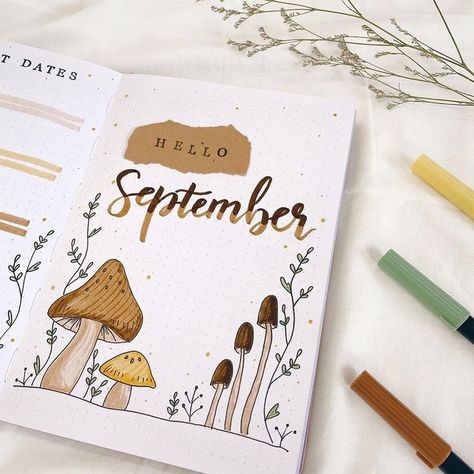 Easy Bujo Cover Page, Bujo Monthly Cover September, September Bullet Journal Calendar, September Bullet Journal Cover, Bullet Journal Month Cover, September Bullet Journal, Mushroom Theme, Bullet Journal September, Journal Cover Page