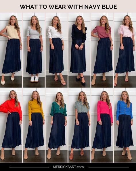 Navy Skirt Outfit, Blue Pants Outfit, Blue Skirt Outfits, Navy Blue Outfit, Colour Combinations Fashion, Color Combos Outfit, Color Combinations For Clothes, Navy Blue Skirt, Navy Outfit