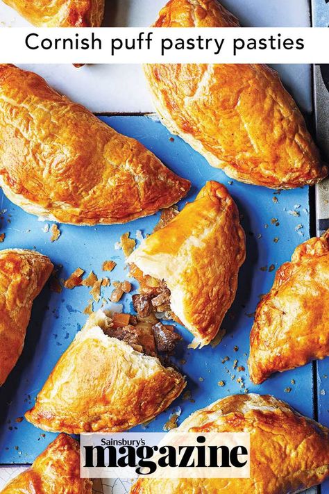 This twist on Cornish pasties uses puff pastry instead of the traditional shortcrust. Perfect as a snack! Get the Sainsbury's magazine recipe Traditional Cornish Pasty Recipe, Failsafe Recipes, Cornish Pastry, Savory Hand Pies Recipes, Savoury Pastries, Pasty Recipe, Pasties Recipes, British Recipes, Pies Recipes