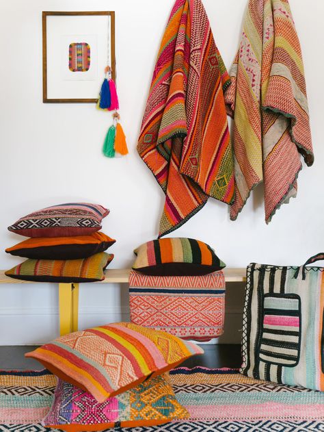 Peruvian Pillow, Pillows And Blankets, Artisan Textiles, Bright Prints, Peruvian Textiles, Hall Decor, Decorating Shelves, Bohemian Living, Maximalism