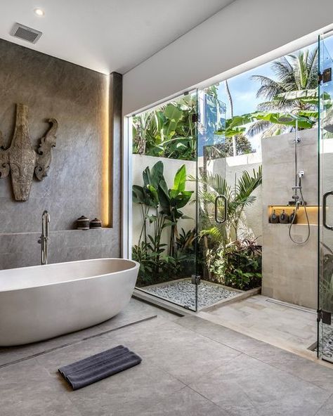 👉👈World's finest luxurious bathroom designs for your inspiration.. Follow us #bathroom#bathroomdecor#bathroomideas#bathroomremodel#bathroomdecorideas#bathroomstorage#bathroomdecorator#bathroomfixtures#bathroomflooring#bathroommirrors#bathroomrenovations#bathroommakeovers#bathroomdesignideas#bathroomremodelling#bathroomsremodeled#bathroomremodelers#bathroominteriors#bathroomstorag#bathrooms Indoor Outdoor Bathroom Design, Dream Villa Luxury, Villa Tropical Modern, Interior Design Tropical Modern, Bali Villa Bathroom, Villa Bathroom Design, Modern Tropical Bathroom, Nature House Design, Bali Villa Design