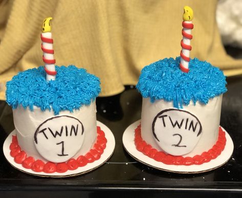 Twin Themed Food, Thing One And Thing Two Birthday Cake, Thing 1 Thing 2 Smash Cake, 1st Twin Birthday Ideas, First Twin Birthday, Thing 1 Thing 2 Birthday Cake, Twin Party Ideas, Thing 1 Thing 2 Birthday Party, Thing 1 And Thing 2 Birthday Cake