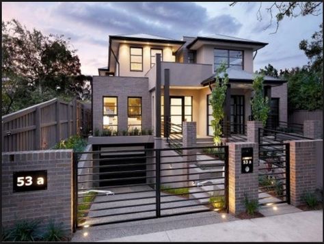 wrought iron driveway and pedestrian gates Concrete House Exterior, Modern Courtyard, Eksterior Modern, House Main Gates Design, House Fence Design, Front Gate, House Design Exterior, Concrete House, Garage Design