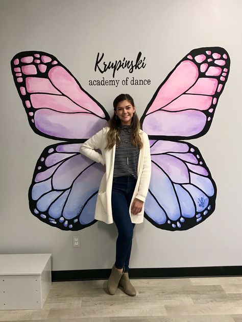 Handpainted pastel butterfly mural Painting On School Walls, Mural Wall Art Butterflies, Wall Painting Butterfly Design, Butterfly Drawing Wall Painting, Butterfly Wings Painting On Wall, Butterfly Wall Art Painted, Butterfly Wings Wall Art, Selfie Wall Decor, Wall Butterfly Painting